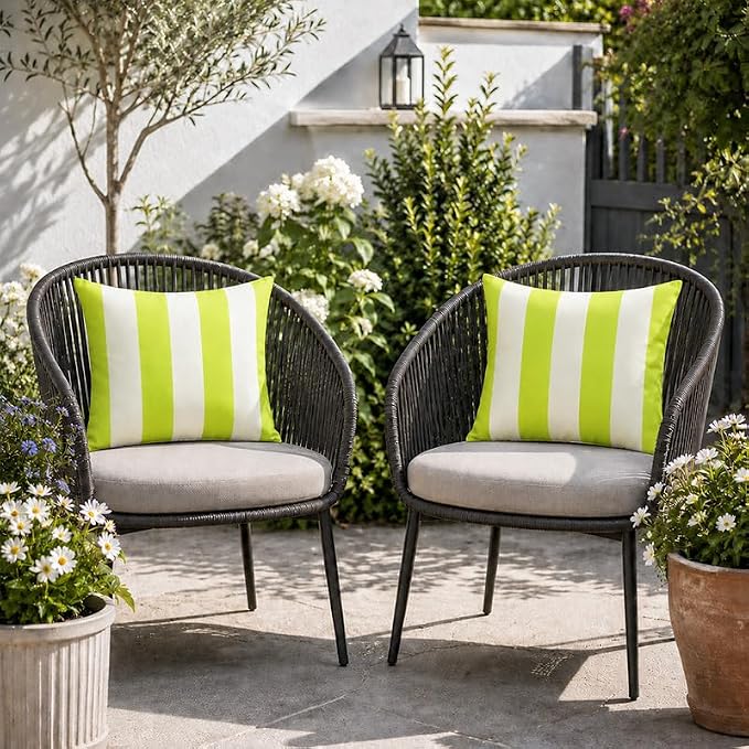Pack of 2 Outdoor Waterproof Striped Pillow Covers Decorative Throw Covers | 18x18,Green Yellow Garden Cushion Covers, Farmhouse Pillowcases for Couch Sofa Patio Tent Balcony