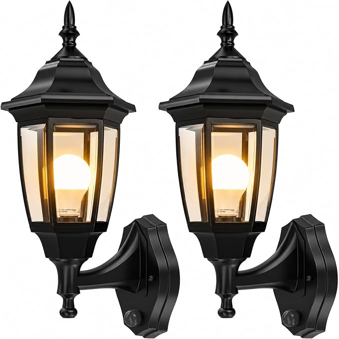 EMART Dusk to Dawn Plastic Outdoor Wall Light Fixtures(2 Pack, Black) | Include Bulbs, Waterproof and Anti-Corrosion, Wall Mount Porch Sconces for Outside, Garage, Front Door, House, Patio