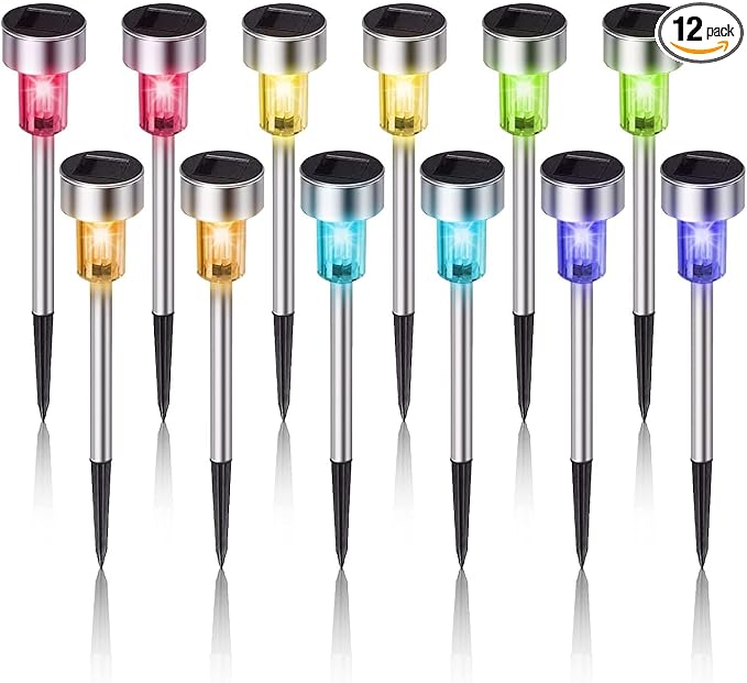 Solar Lights Outdoor Waterproof, Solar Garden Lights, Multicolor, 12 Pack | Outdoor Solar Lights Stainless Steel LED Landscape Lighting Decorations for Yard Pathway Patio Lawn