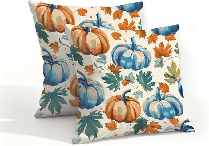 16x16 Inch Outdoor Pillow Covers Set of 2 Waterproof Throw Pillow Covers Decorative Couch Cushion Covers Blue Pumpkin Fall Leaf Square Pillowcases Protectors for Patio Garden Sofa