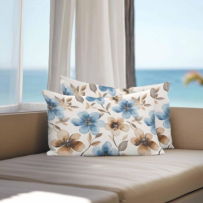 Garden Outdoor Pillow Covers Set of 2,Decorative Spring Blossom Flower Waterproof Throw Pillow Case, Watercolor Floral Leaves Linen Soft Cozy Cushion Pillowcases