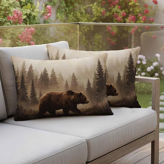 Yukro Nature Landscape Outdoor Waterproof Pillow Covers Pack of 2, Rustic Brown Bear Misty Forest Pine Tree Throw Pillowcases Decorative Cushion Covers for Garden Patio Tent Sofa Couch, 20x12 inch