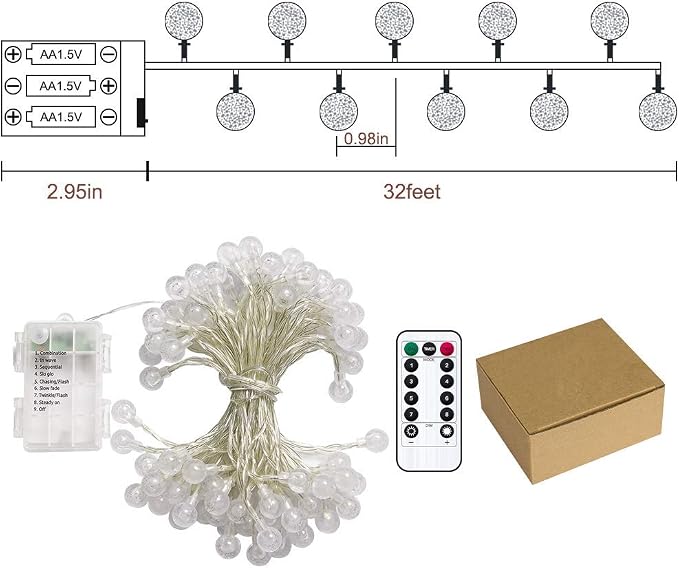 Metaku Globe String Lights Battery Operated Fairy Light 33ft 80LED & Remote | Waterproof Indoor Outdoor Hanging String Lights Decorative Christmas Lights for Home Party Patio Garden Classroom Wedding