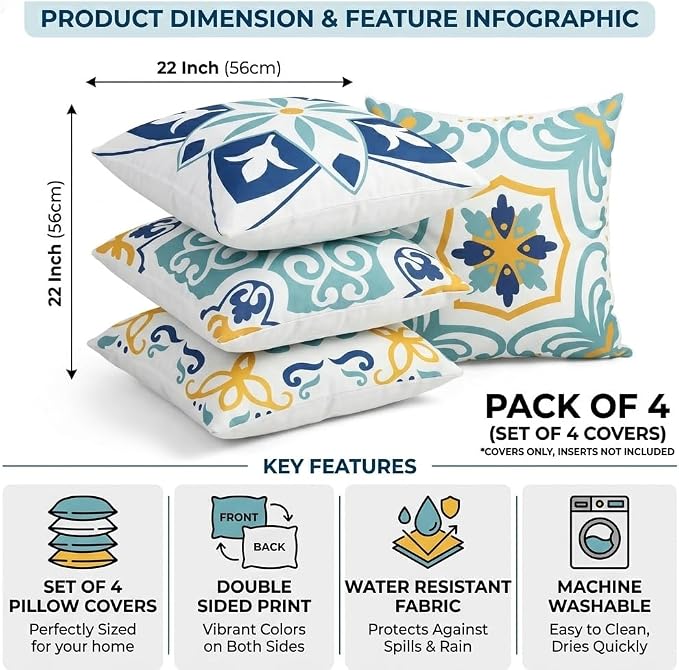 Pyonic Waterproof Outdoor Pillow Covers 22x22 Inch Set of 4 | Floral Print Boho Farmhouse Outdoor Pillows for Patio Funiture Garden,Blue