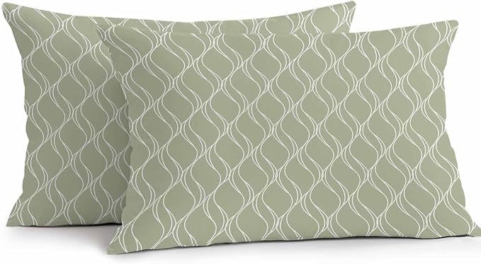 YOKOU Boho Sage Green Pillow Covers, Farmhouse Decoration Geometric Waterproof Outdoor Pillowcases Cushion Covers Cases for Patio Couch Bench, Pack of 2 Rectangle, 20"X12"