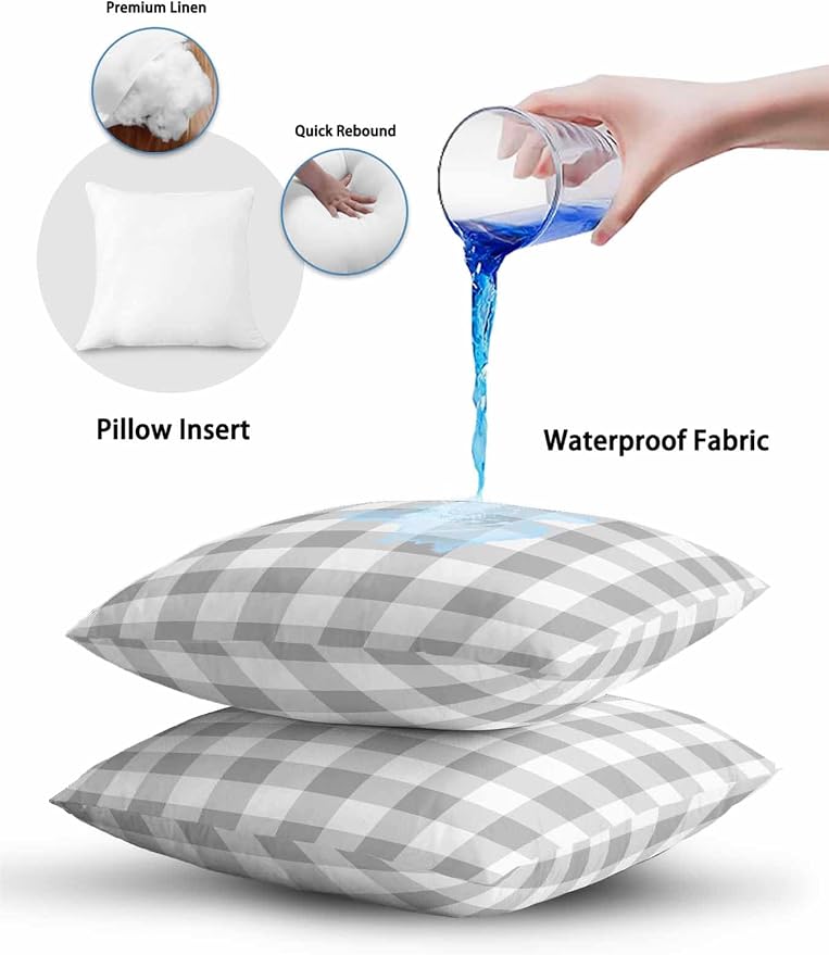 Waterproof Outdoor Pillow 1 Pack Grey Buffalo Plaid Decorative Throw Pillows Cover & Insert 18x18 Inch Pillowcase Check Lines Square Pillows for Couch Sofa Bed Patio Furniture Indoor Outdoor