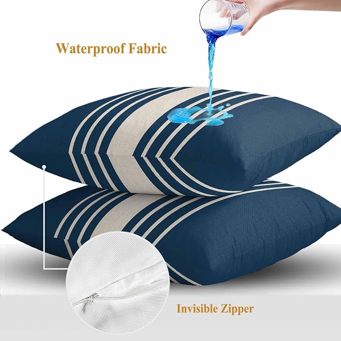 Throw Pillow Covers 26x26 Inch Set of 2, Navy Blue Beige Striped Waterproof Outdoor Cushion Covers, Modern Farmhouse Retro Lines Decorative Pillowcases for Couch, Sofa, Bed, Garden, Patio