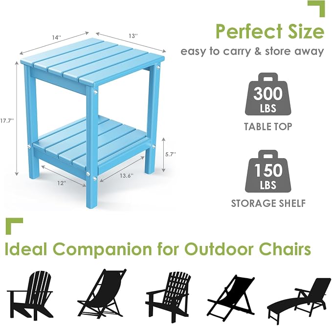 GREENVINES Adirondack-Outdoor-Side-Table | 14 x 13 Inches | HDPE Plastic | All Weather | Arctic | Outside End Tables | Storage Shelf | for Patio Porch Backyard Indoor