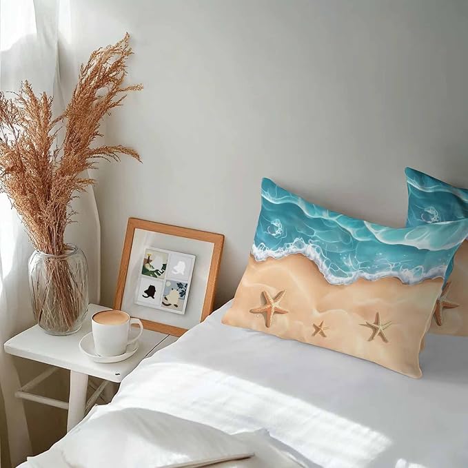 Ocean Beach Waterproof Outdoor Pillow Covers Set of 2 Home Decor, Starfish Sea Waves Coastal Seaside Sand Pillowcase Patio Pillow Covers for Couch Bench Furniture Garden 20x12in