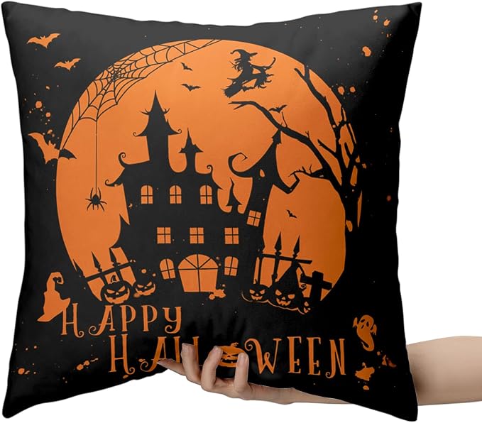 Halloween Indoor Decorations Witch Castle Spider Web Halloween Pillows Cases 16x16 Set of 2 Hallowee Fall Throw Pillows Covers Orange and Black Pillows Covers for Sofa Couch