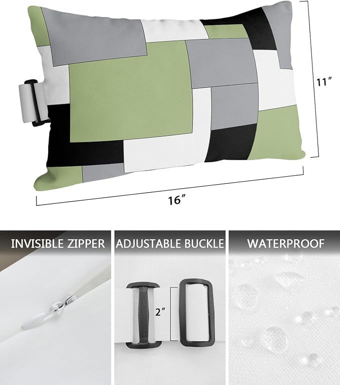 Outdoor Pillows Covers with Inserts Abstract Art Green Black Gray Splice Waterproof Recliner Pillow with Adjustable Strap Throw Pillows for Patio Furniture Pool Lounge Chair, 11x16 inch, 2PCS