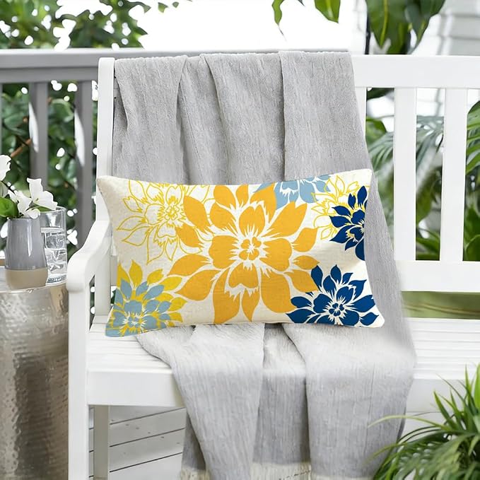 Waterproof Yellow and Blue Dahlia Floral Outdoor Pillow Covers 12x20 Inch, Decorative Spring Summer Cushion Cases for Living Room Sofa Patio Garden Porch