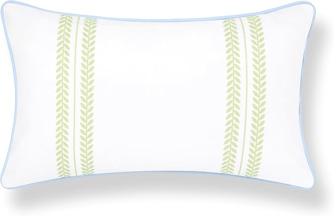 Hofdeco Premium Grandmillennial Coastal Hampton Patio Indoor Outdoor Lumbar Pillow Cover Only, 12"x20" Water Repellent for Backyard, Couch, Poolside, Grass Green Baby Blue Print Leaf Striped