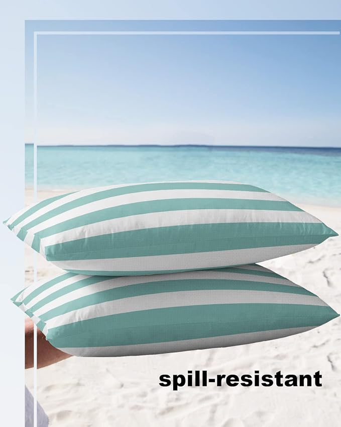 Outdoor Pillows 20x12 Waterproof Outdoor Pillow Covers Teal White Stripes Polyester Throw Pillow Covers Garden Cushion Decorative Case for Patio Couch Decoration Set of 2 Geometric