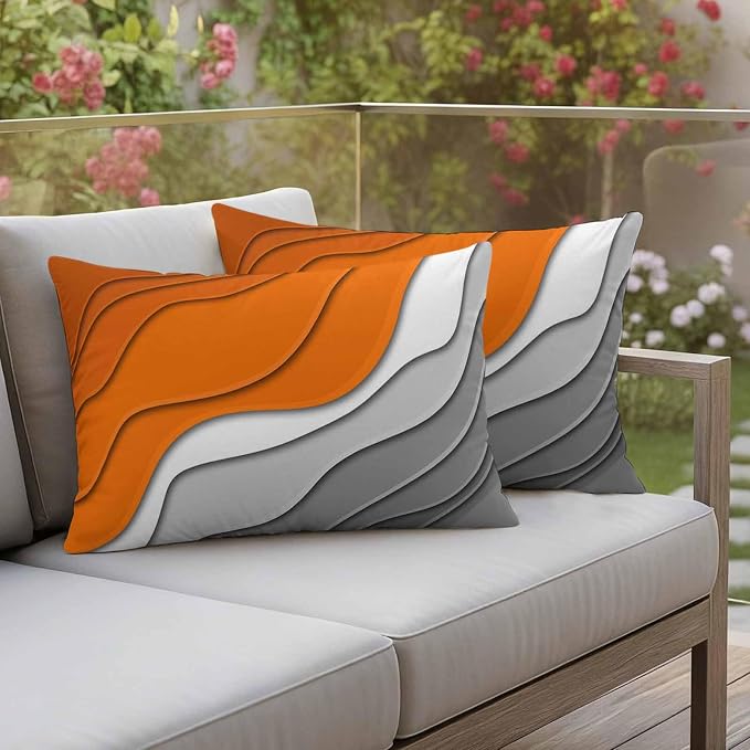 Abstract Beach Outdoor Pillow Covers Set of 2 Aesthetic Grey to Orange Gradient Waterproof Throw Pillow Cover Decorative Cushion Cases for Patio Porch Garden 20X12 Inch
