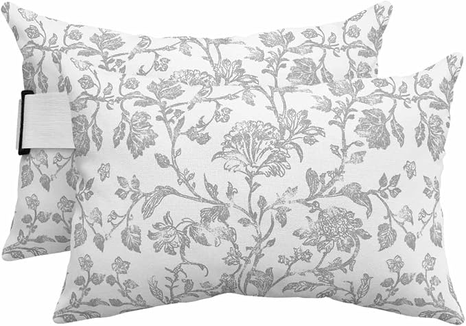 Pack of 2 Outdoor Lumbar Pillow Covers 12x20 Inch, Boho Gray Flower Waterproof Throw Pillow Covers Set, Vintage Farmhouse Leaf Spring Plant Indoor&Outdoor Cushion Cases for Patio Porch Beach