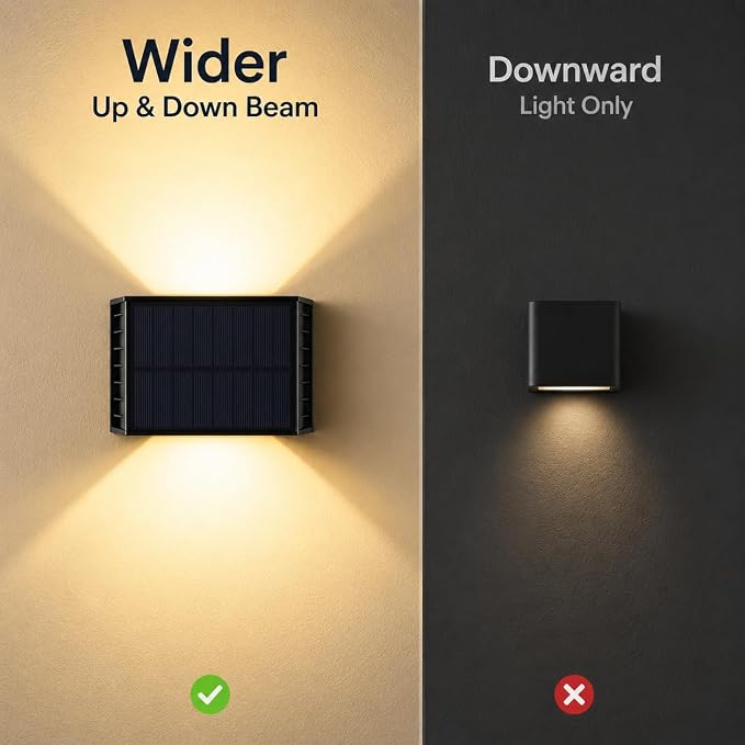 Solar Wall Lights Outdoor, Warm White, 1 Pack | IP65 Waterproof Up and Down Wall Lighting, Solar Outdoor Light Decorative for Porch, Garage, Doorway, Patio, Fence