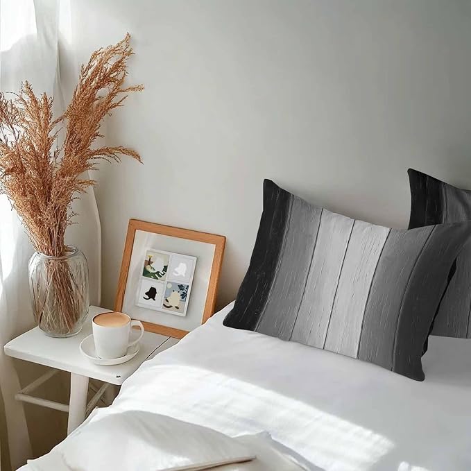 Lumbar Pillow Covers 20x12 Inch Set of 2, Black Gray Ombre Waterproof Outdoor Cushion Covers, Vintage Country Wooden Decorative Pillowcases for Couch, Sofa, Bed, Garden, Patio