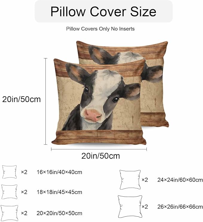 Farmhouse Cow Outdoor Pillow Covers 24x24 Inch Throw Pillow Covers Set of 2 Waterproof Decorative Pillow Cases Country Vintage Animals Wooden Grain Cushion Covers for Patio Furniture Garden Couch Sofa