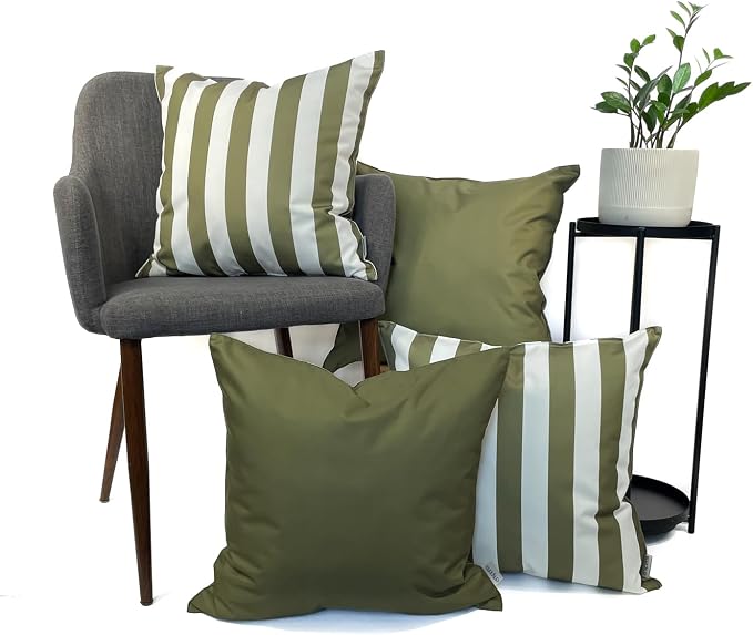 Pack of 2 Solid and Stripe 20''x20'' Outdoor Waterproof Olive Green Throw Pillow Covers Decorative Square Cushion Patio Pillows for Patio Furniture (Martini Olive)
