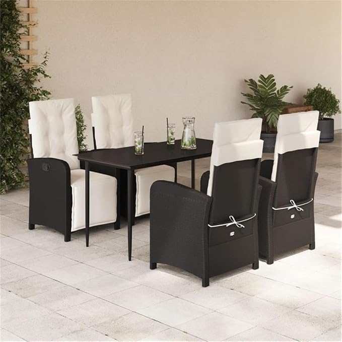 BOWERY HILL 5 Piece Poly Rattan Garden Dining Set, Black and Cream White Finish, Tempered Glass Table, Adjustable Reclining Chairs, Cushions with Removable Covers, Outdoor Patio or Garden Furniture