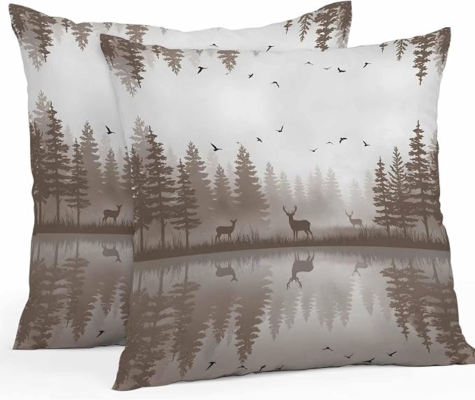 Yukro Brown Nature Landscape Outdoor Waterproof Pillow Covers Pack of 2, Deer Misty Lake Foggy Forest Birds Throw Pillowcases Decorative Cushion Covers for Garden Patio Tent Sofa Couch, 18x18 inch