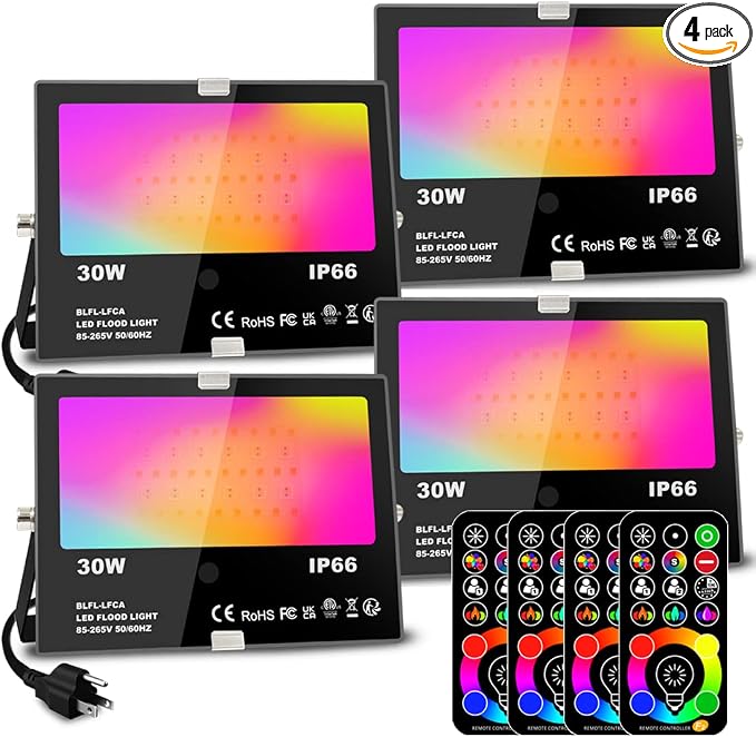 Led Flood Light Outdoor 30W,300W Equivalent, Color Changing RGB Lights | Remote Control, 120 RGB Colors, Warm White 2700K, Timing, Custom Mode, Uplight Landscape Lights,IP66 US 3-Plug (4 Pack)