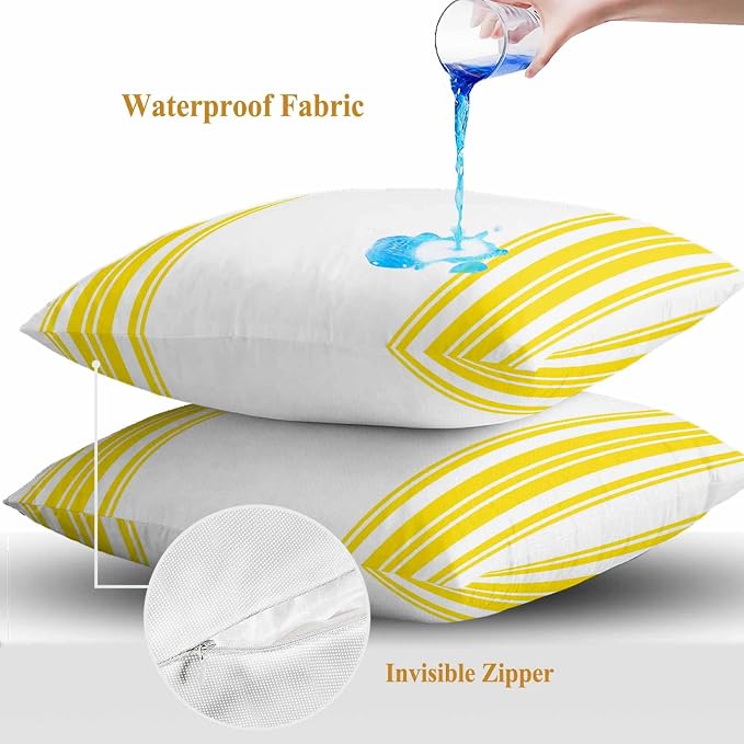 Outdoor Waterproof Throw Pillow Covers Set of 2 Yellow Stripes Pillowcases 18x18 Inches White Vertical Striped Decorative Pillows Cushion Case Patio Pillows for Couch Bed Chair Garden