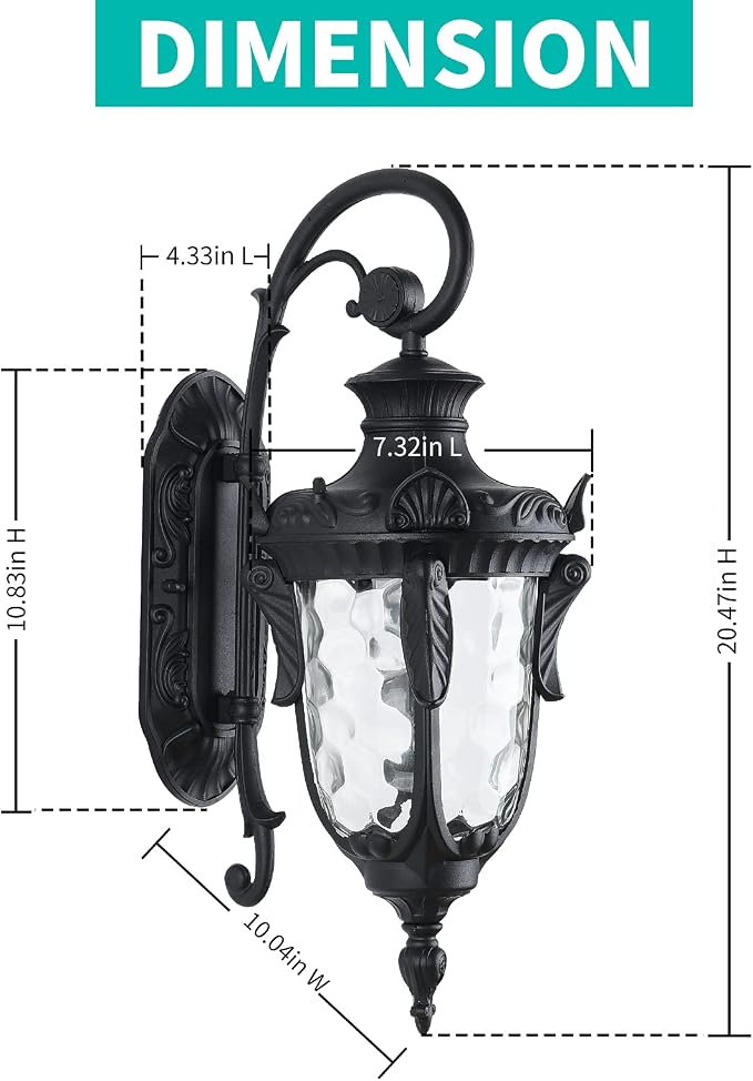 20.47" Outdoor Wall Light Fixture Black Exterior Wall Lantern | Outside Waterproof Sconce Rustic Porch Lights Wall Mount with Hammered Glass Shade for House