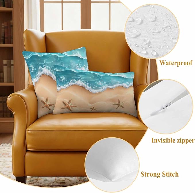 Ocean Beach Waterproof Outdoor Pillow Covers Set of 2 Home Decor, Starfish Sea Waves Coastal Seaside Sand Pillowcase Patio Pillow Covers for Couch Bench Furniture Garden 24x24in