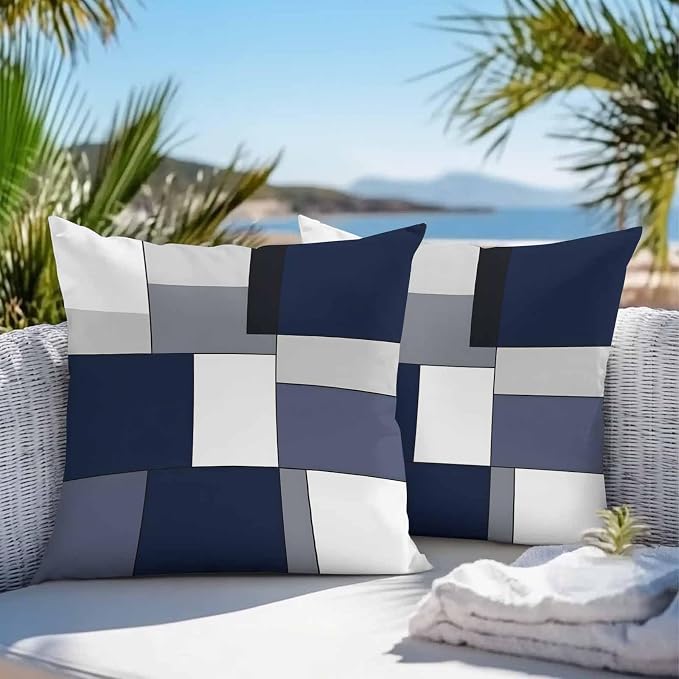 Modern Blue White Grey Plaid Outdoor Pillow Covers 20x20in Pack of 2 Waterproof Pillowcase Abstract Geometric Checkered Decorative Throw Cushion Case for Patio Couch Sofa