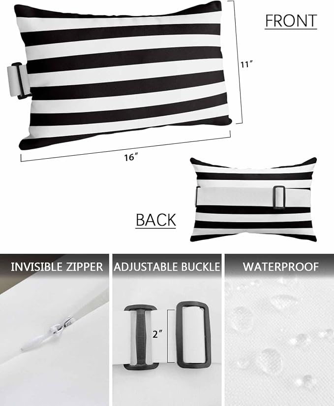 Outdoor Pillows for Chaise Lounge Chair Set of 2 Black White Horizontal Stripe Waterproof Lumbar Pillows with Insert for Beach Chair,Patio Office,Pool Recliner,Simple Texture 11x16IN