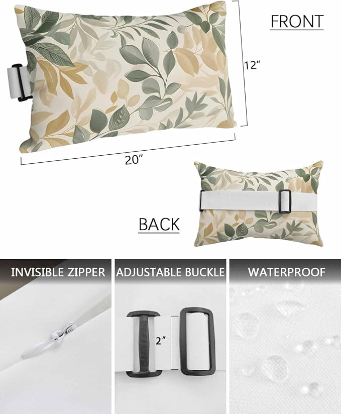 Pack of 2 Outdoor Lumbar Cushions with Inserts, Vintage Watercolor Eucalyptus Leaves Plants Waterproof Fluffy Fade Body Pillows, Patio Furniture Pillow for Home Balcony Garden Decor 12x20IN