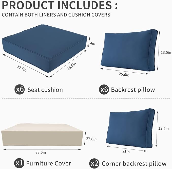 Valita Outdoor Furniture Replacement Cushions, Fits 6-seat Sectional Rattan Conversation Set, 14 Piece Patio Water-Resistant Replacement Sofa Cushions, Liner&Cover (Navy Blue)