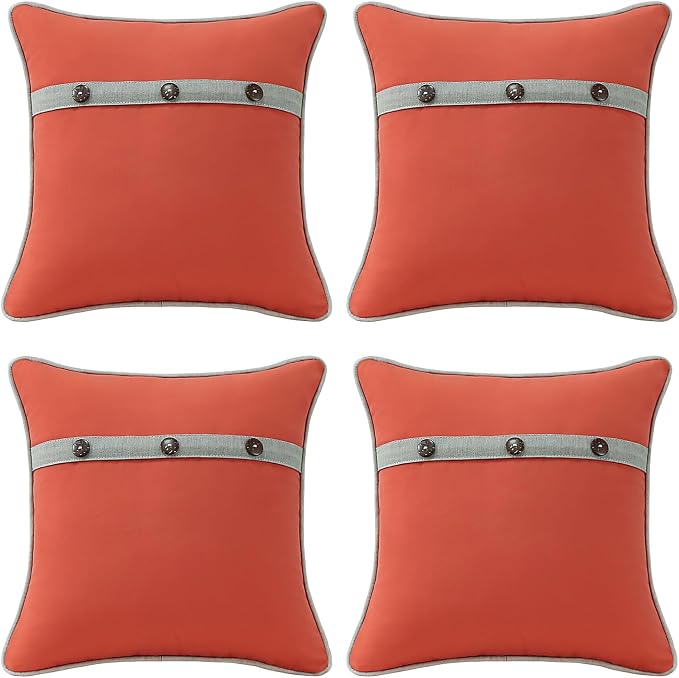 Outdoor Sunbrella Decorative Pillows with Triple Coconut Buttons Pack of 4, 16" x 16" Outdoor Pillow Set for Couch Bed Throw Patio Sofa, Canvas Melon/Cast Ash