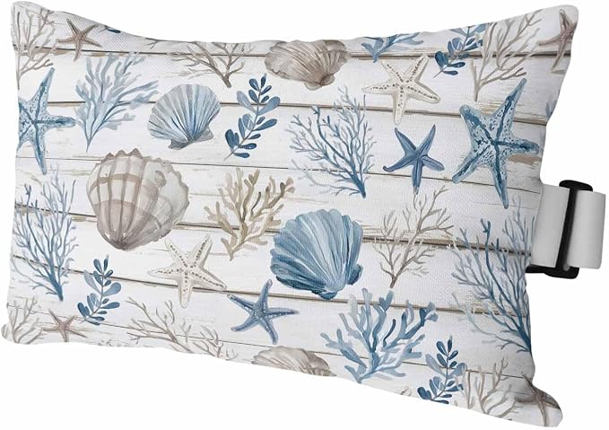 Blue Brown Coastal Outdoor Pillows with Insert 11x16 Inch Summer Coral Starfish Shell Wood Grain Waterproof Headrest Pillows with Adjustable Strap Lounger Chair Throw for Patio Furnitures , 1 Pack