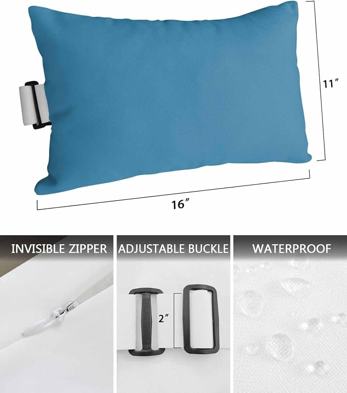 DecorLovee Blue Outdoor Recliner Pillows for Head, Modern Pure Blue Waterproof Chair Pillow with Elastic Stripe, Farmhouse Chaise Lounge Headrest Pillow for Patio/Beach/Pool 1Pack, 11"x16"