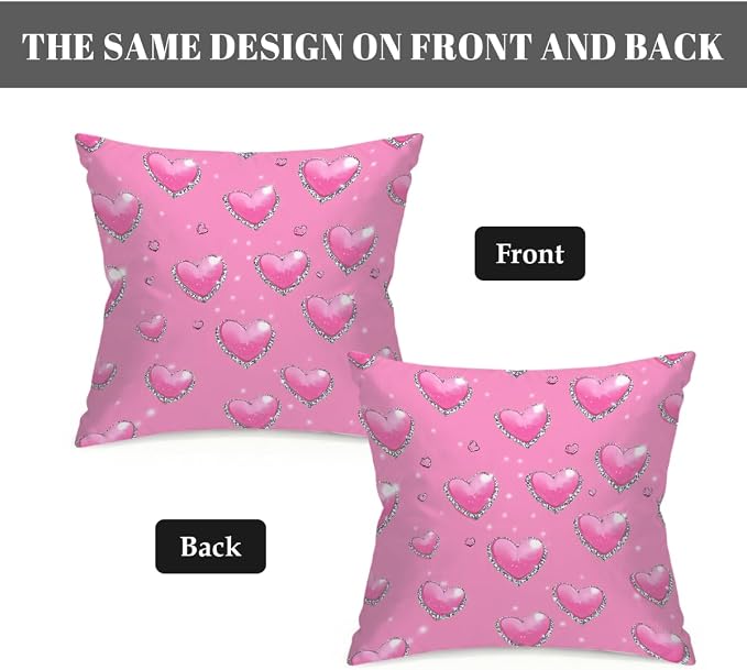 16x16 Inch Outdoor Pillow Covers Set of 2 Waterproof Throw Pillow Covers Decorative Couch Cushion Covers Pink Hearts with_ Diamonds Square Pillowcases Protectors for Patio Garden Sofa
