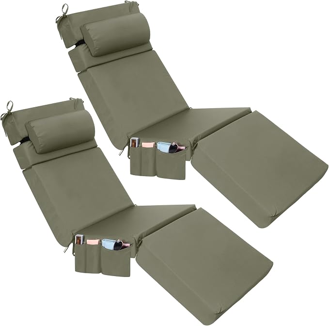 RattanView 2 Pcs Outdoor Chaise Lounge Cushion with Pillow and Side Pockets Waterproof Lounge Chair Cushions for Outdoor Furniture Patio Lounger Pad for Outside Pool Lawn (Light Green,72 x 21 x 4)