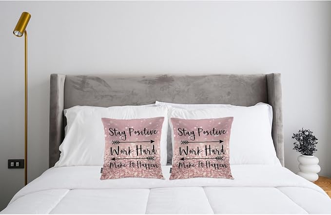 Swono Quote Set of 2 Square 18x18 Inch Throw Pillow Cover Stay Positive Work Hard Make It Happen Soft Pillowcases Arrow Cushion Covers for Home Sofa Couch Garden Bench Living Room Car Glitter Pink