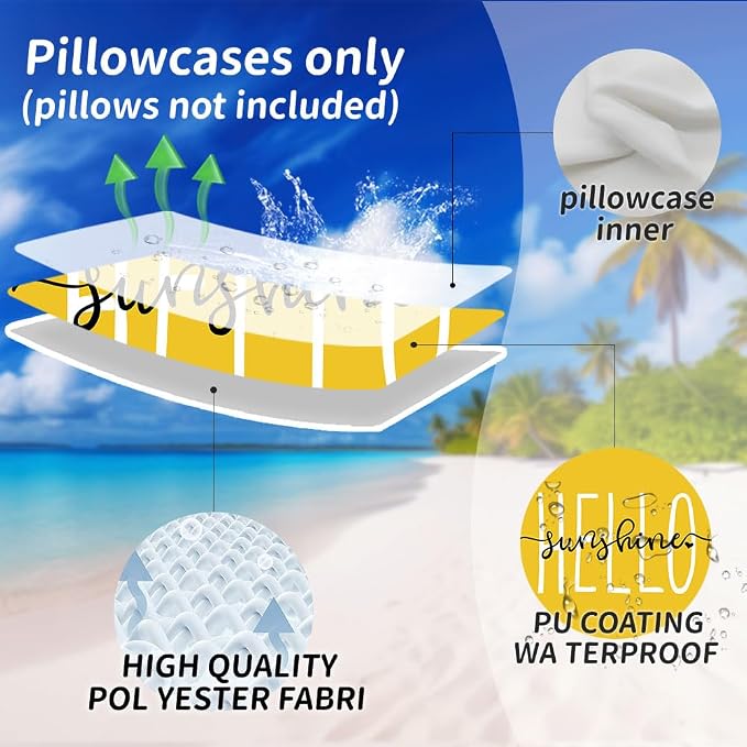 DFXSZ Yellow Outdoor Waterproof Pillow Covers 20x20 Set of 2 | Hello Sunshine Decor Spring Summer Polyester Pillow Covers(NO INSERTS)| Decor for Patio Funiture Garden Sofa Couch
