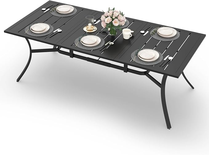 MELLCOM 83''x38'' Outdoor Dining Table for 8, Extra Large Metal Patio Dining Table with 1.57'' Umbrella Hole, Black Rectangular Table for Porch, Garden, Backyard, Poolside, Lawn