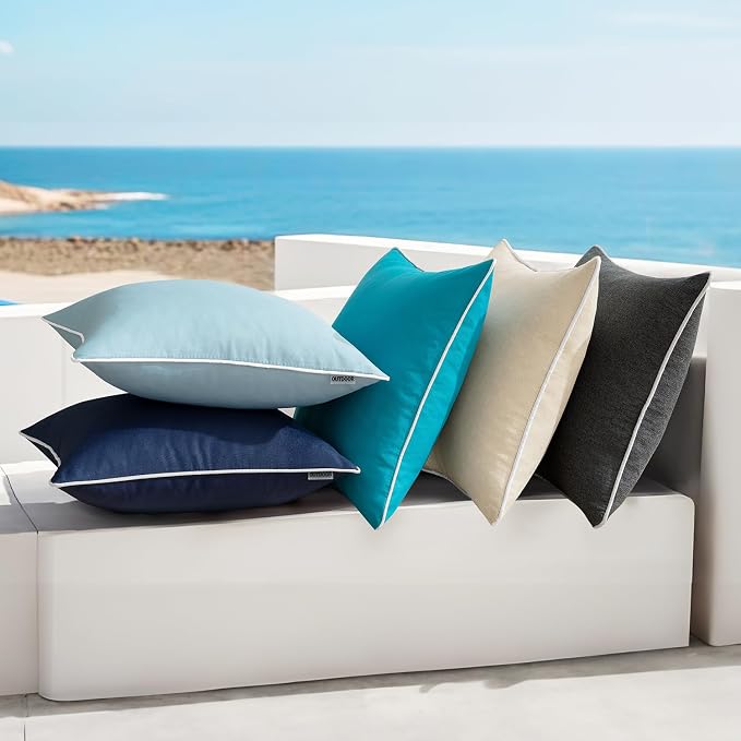 MIULEE Outdoor Waterproof Pillow Covers 18x18 Blue Pack of 2 | Decorative Farmhouse Throw Pillow Covers with Piping,Square Solid Color,Patio Furniture,Summer Couch Tent Sofa Living Room