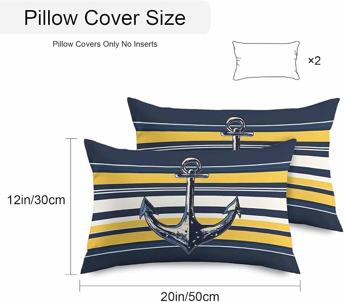 Vintage Anchor Outdoor Waterproof Pillow Covers Set of 2, Yellow Blue Striped Pillowcase Decorative Throw Cushion Cases for Patio Garden Couch 20 x 12 Inches