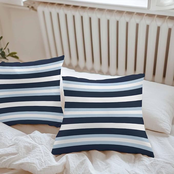 Blue Navy Striped Outdoor Pillow Covers Waterproof, All Weather Cushion Case Set of 2, Modern Ombre Abstract Lines Pattern Decorative Pillowcases for Sofa Couch Bed Decor Patio Furniture 16"x16"