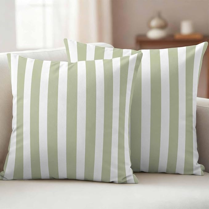 Sage Green Striped Outdoor Waterproof Throw Pillow Covers 20x20 Set of 2, Modern Farmhouse Sage Green White Stripes Decorative Pillowcases Cushion Pillowcase for Couch Sofa Patio Pillow Protector