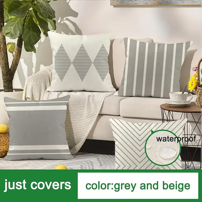 Outdoor Pillows Covers 18x18 Waterproof,Grey and Beige Set of 4(No Insert) | for Covered Patio Furniture Couch Sunbrella,No Insert Just Covers,Fit 18x18 inch Inserts or Smaller,Durable Polyester,Boho