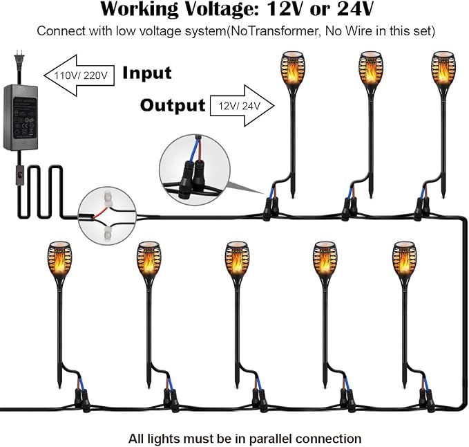 LUYE Low Voltage Torch Landscape Lights Wired Flickering Flames Torches Pathway Lights 12V Outdoor Torch Lighting with Connector Waterproof Landscape Lighting for Christmas Yard Decoration (8Pack)
