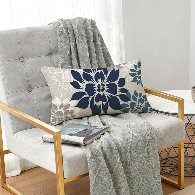 Waterproof Dark Blue Dahlia Floral Outdoor Pillow Covers 12x20 Inch, Decorative Spring Summer Cushion Cases for Living Room Sofa Patio Garden Porch