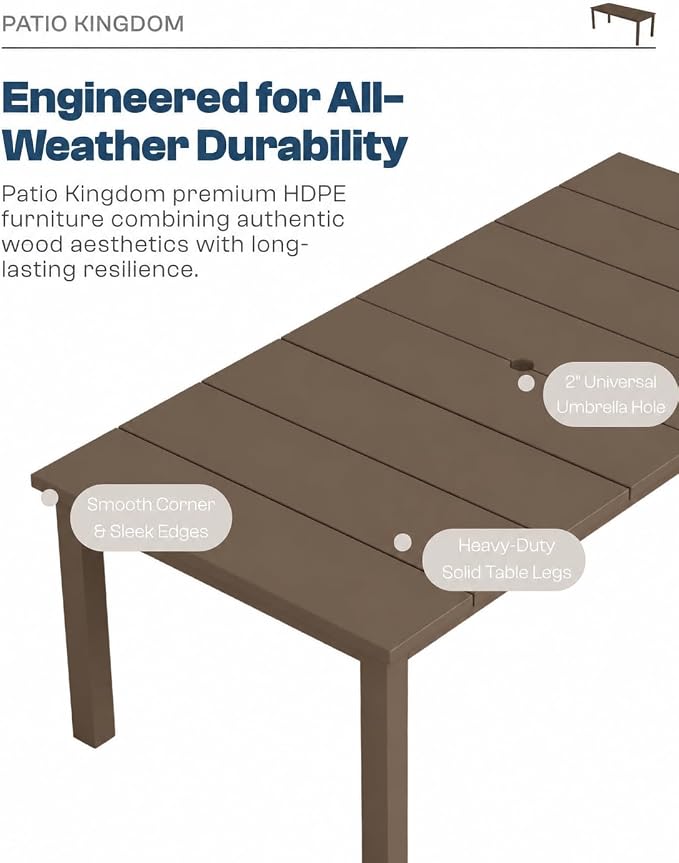 75.2" HDPE Outdoor Dining Table for 4-6 People, Rectangular Patio Dining Table with Umbrella Hole, All Weather Patio Dining Outdoor Table for Deck, Backyard and Garden, Brown